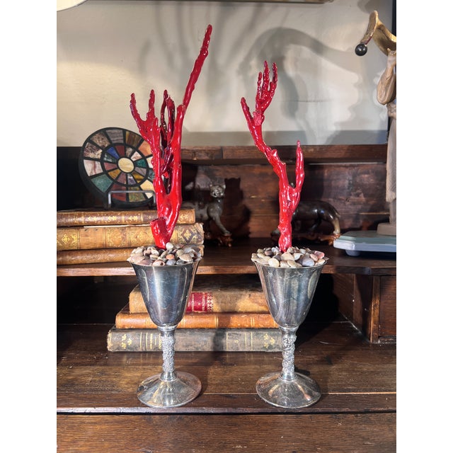 Set of Two Vintage Silver Plated Figural Goblets With Custom Made Red Faux Coral Branches For Sale - Image 11 of 11