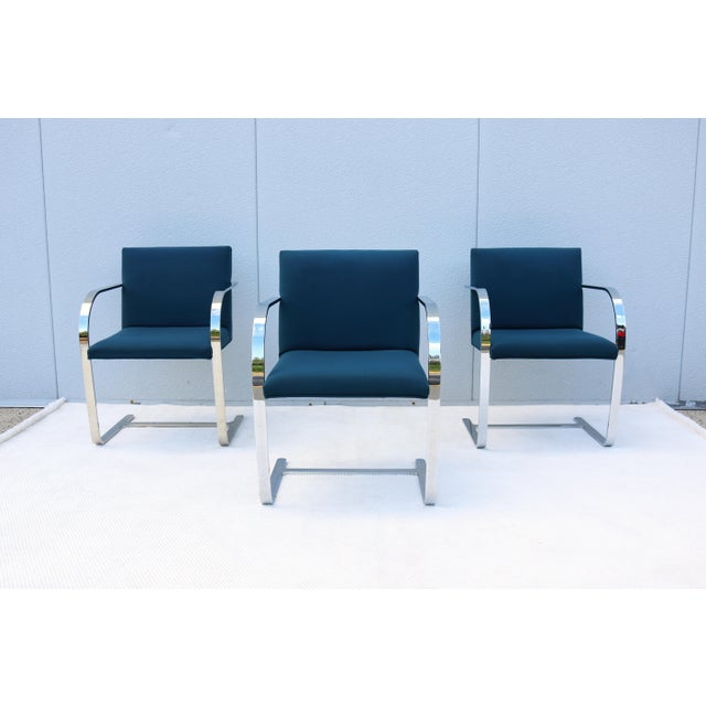 Bauhaus Ludwig Mies Van Der Rohe Brno Flat Bar Chairs in Blue Fabric by Gordon, Set of 3 For Sale - Image 3 of 18