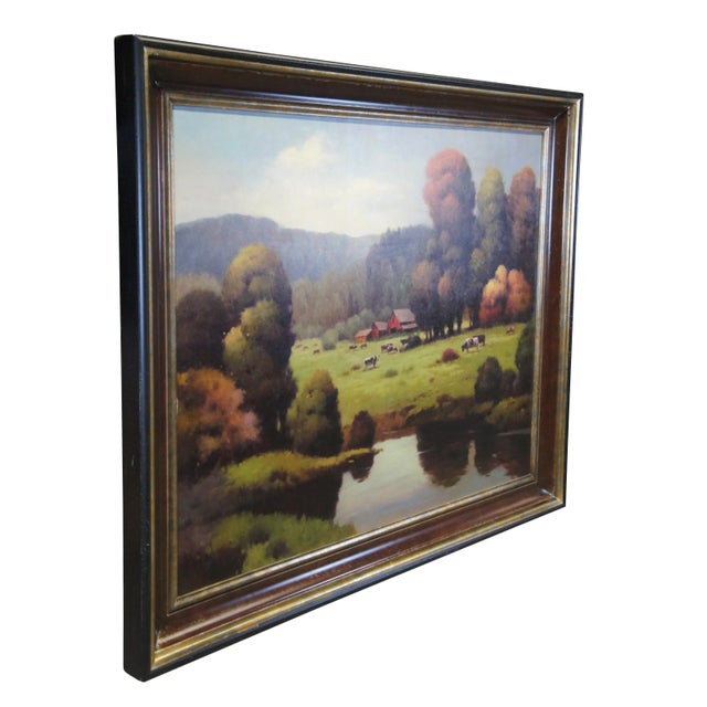 A very large and impressive Autumn landscape oil painting on canvas featuring a densely wooded countryside farm with cows...
