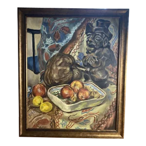 Mid 20th Century Fruit and Carved Sculpture Still Life Oil Painting by Carl Alexander Von Volbroth, Framed