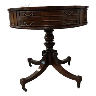 George III or Georgian Style Mahogany Drum Table With a Vintage Federal Style Flame Mahogany 4-Drawer Drum Side Table on Casters For Sale
