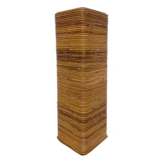 Tall Vintage Pencil Reed Rattan Pedestal With Black Glass For Sale