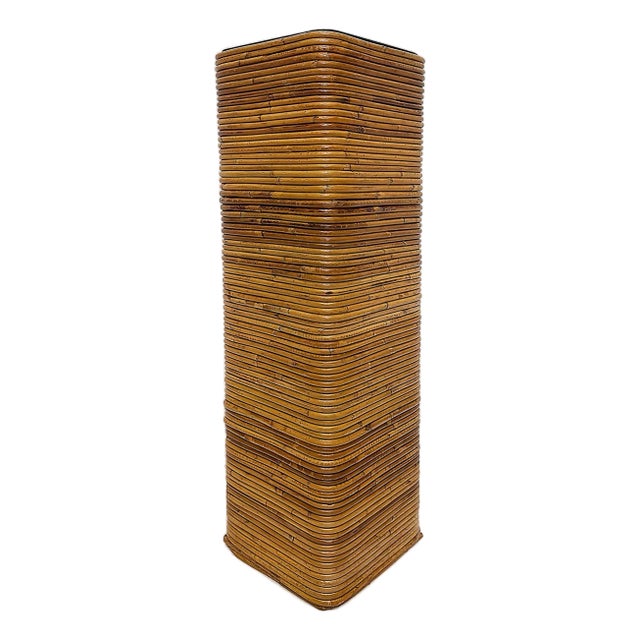 Tall Vintage Pencil Reed Rattan Pedestal With Black Glass For Sale