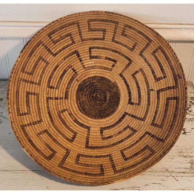 Folk Art Mid 20th Century Large Hand Woven Greek Key Pattern Basket For Sale - Image 3 of 6