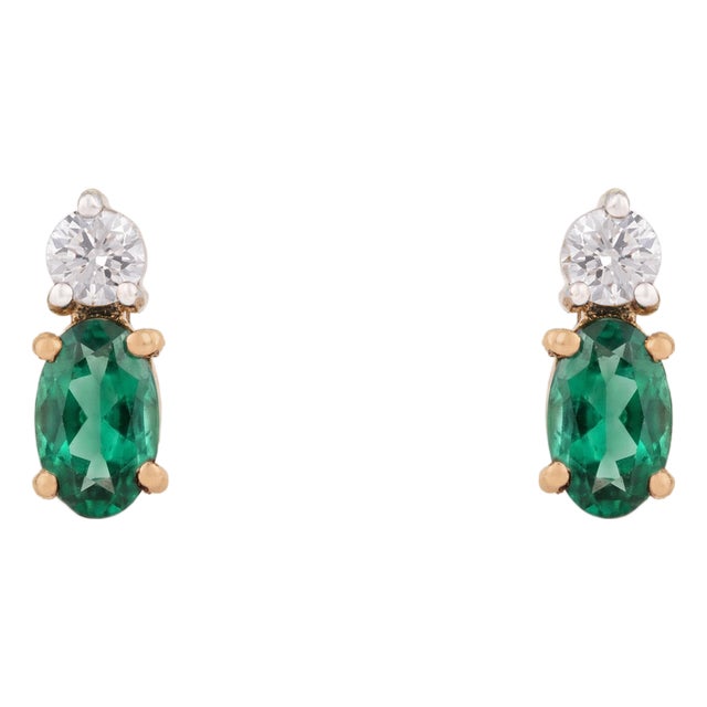 Asian Modern Emerald & Diamond Oval Stud Earrings in 14k Yellow Gold- A Pair For Sale