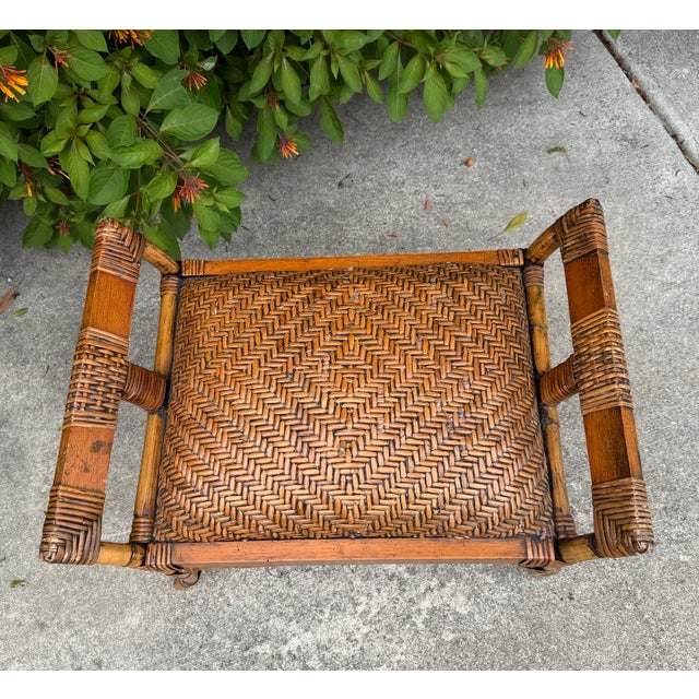 Vintage Palm Beach Woven Rattan & Bamboo Ottoman Foot Stool For Sale In Naples, FL - Image 6 of 10