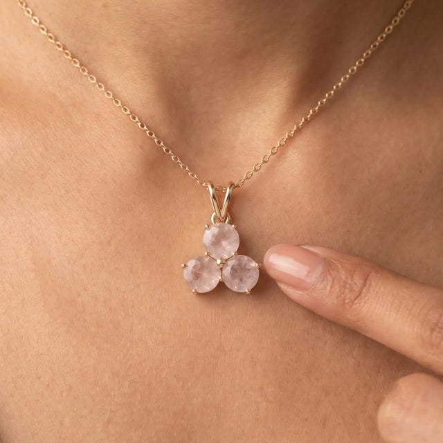 Contemporary Rose Quartz Triple Stone Pendant | Natural Pink Gemstone Necklace | Romantic Gift for Her For Sale - Image 3 of 3