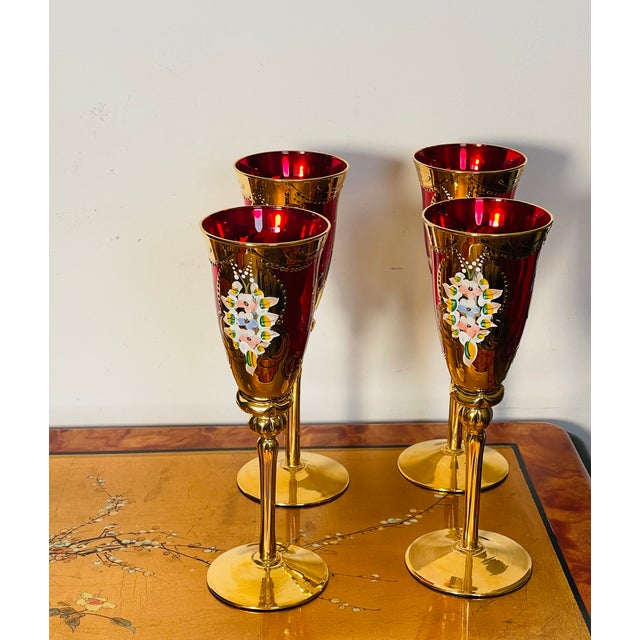 Boho Chic 1970s Vietri Regalia Gold Enamel Ruby Champagne Glasses - Set of 4 For Sale - Image 3 of 8