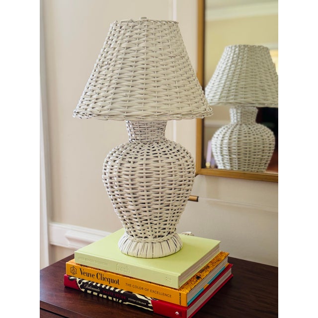 Vintage White Wicker Lamp and Lamp Shade For Sale - Image 6 of 8