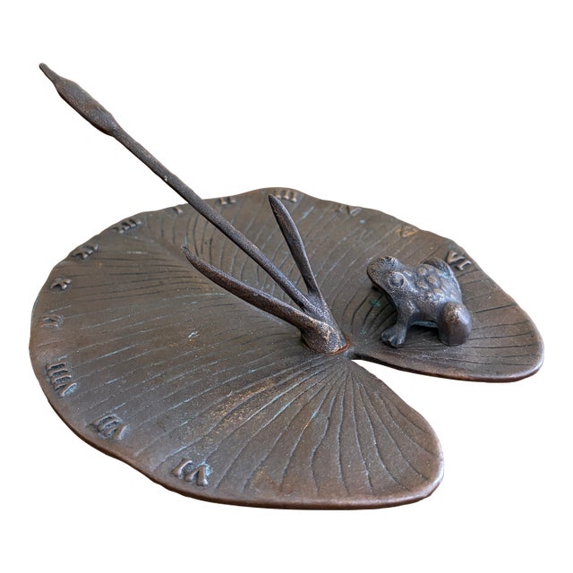 Vintage English Country Iron Garden Sundial With Frog on a Lily Pad For Sale