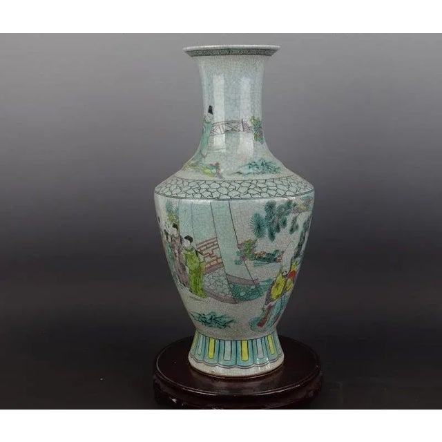 Chinese Chinese Vintage Porcelain Vase Qing Dynasty Qianlong Marked Crackle Glaze Famille Verte Porcelain Vase Hand Painted Figures Pattern For Sale - Image 3 of 7