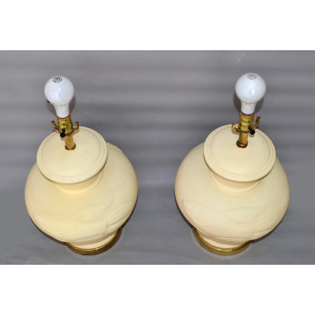 1980s Chinese Inspired Beige Ceramic & Brass Table Lamps With Koi Fish Image - Pair For Sale - Image 5 of 13