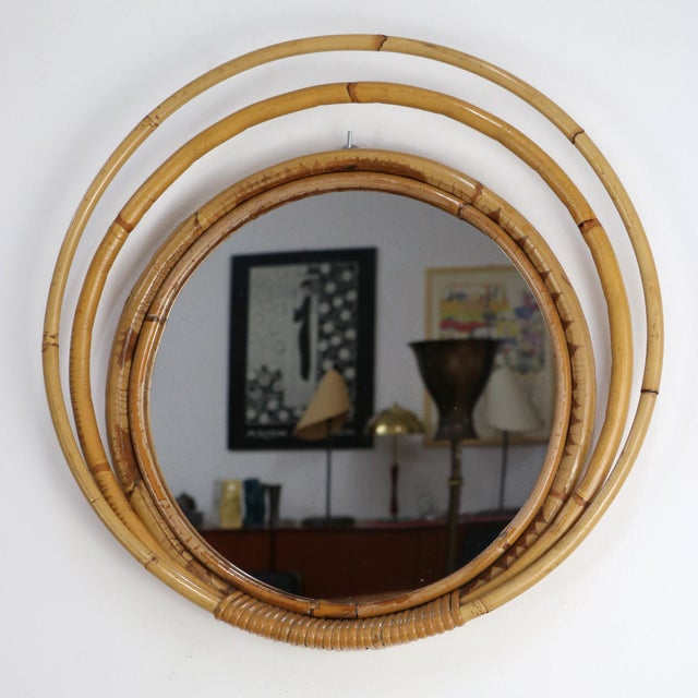 1970s Vintage Round Wicker and Bamboo Mirror, 1970s For Sale - Image 5 of 5