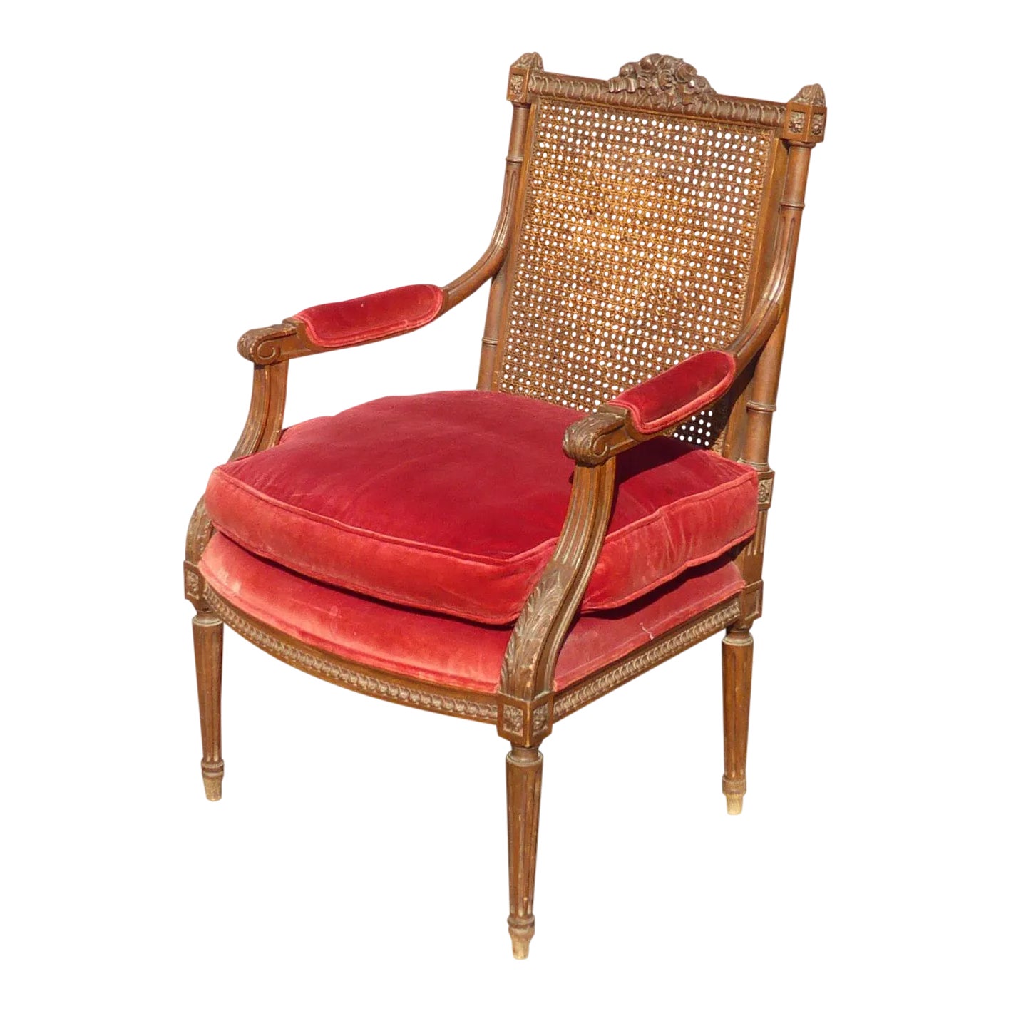 Vintage Carved Mahogany & Cane Red Velvet Arm Chair Chairish