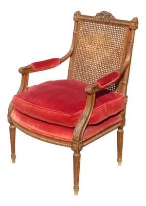 Vintage French Provincial Red Velvet Arm Chair With Cane Back & Goose Down Fill