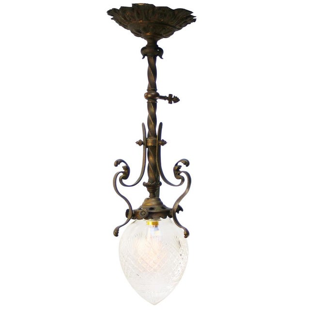 Art Nouveau Brass, Iron and Clear Cut Glass Flush Mount For Sale - Image 11 of 12