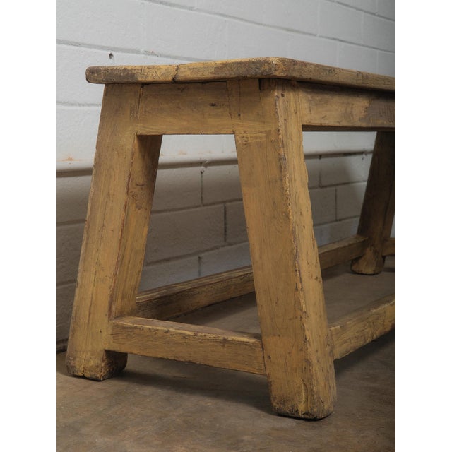Late 20th Century Late 20th Century Rustic Yellow Painted Wooden Bench With Carved Front Apron For Sale - Image 5 of 5