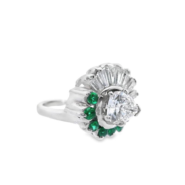 Contemporary 1950s 14k White Gold Pear Shaped Diamond and Emerald Ring With Gia Report Size 8.75 For Sale - Image 3 of 11