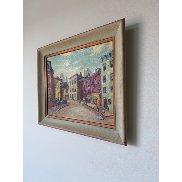 1970’s Vintage Impressionist Cityscape Street Scene Oil on Canvas Board Painting, Framed For Sale - Image 4 of 12