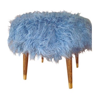 Reupholstered Blue Faux Fur Mid-Century Footstool For Sale
