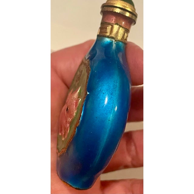 Late 20th Century Colorful Enamel Snuff Bottle Perfume W/Cat & Butterfly Pink Green Blue For Sale - Image 11 of 11