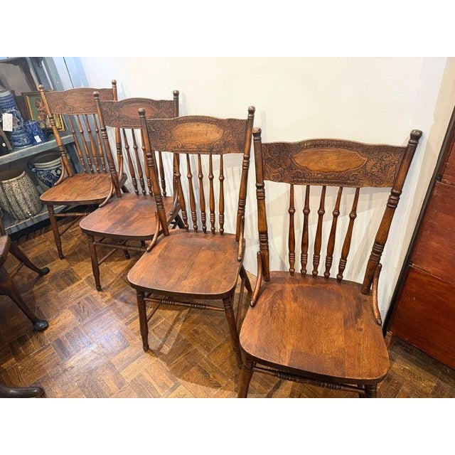 These 19thc press back chairs were found in Lancaster County, Pennsylvania and are in very good and sturdy condition....
