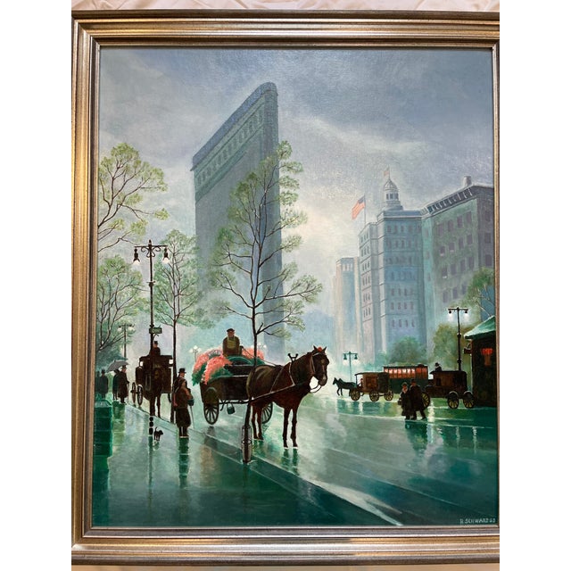 Art Deco "Flatiron Building, New York" Oil Painting by Richard Schwarz, Signed & Dated 1995 For Sale - Image 3 of 8