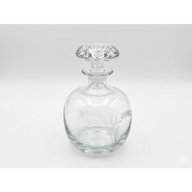 Mid-Century Modern Vintage Etched Wheat Crystal Glass Decanter With Cut Mushroom Stopper For Sale - Image 3 of 4