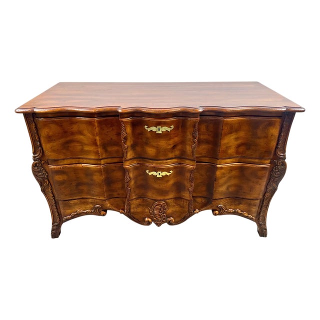 John Widdicomb French Provincial Bombe Serpentine Burl Walnut Commode Dresser For Sale
