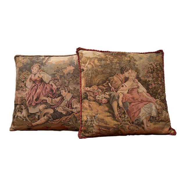 Large Pair Vintage French Tapestry Pillows For Sale