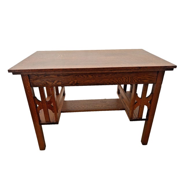 1900 - 1909 Antique Mission Arts and Crafts Desk, Drawer, Tiger Oak Bottom and Side Shelves For Sale - Image 5 of 13