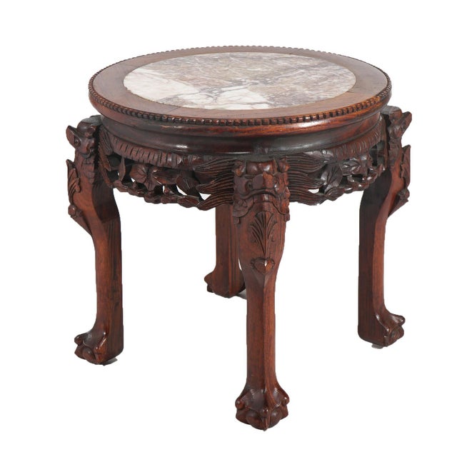 Brown Early 20th Century Chinese Deeply Carved Hardwood & Inset Marble Round Plant Stand For Sale - Image 8 of 8