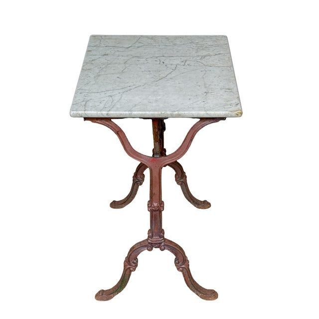 Metal French Bistro Table With Figured White Marble Top and Cast Iron Base For Sale - Image 7 of 12