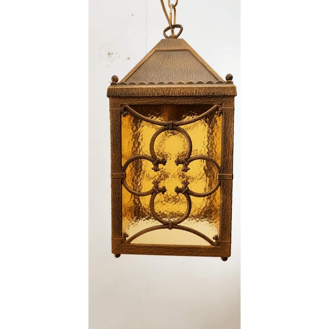 Brass Lantern Hanging Light in Amber Glass, in Flawless conditions. Designed 1980 to 1989 Up to 250V (Europe/UK...