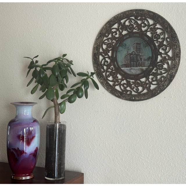 Folk Art Architectural Painting Framed in Antique Stove Pipe Collar For Sale - Image 10 of 10