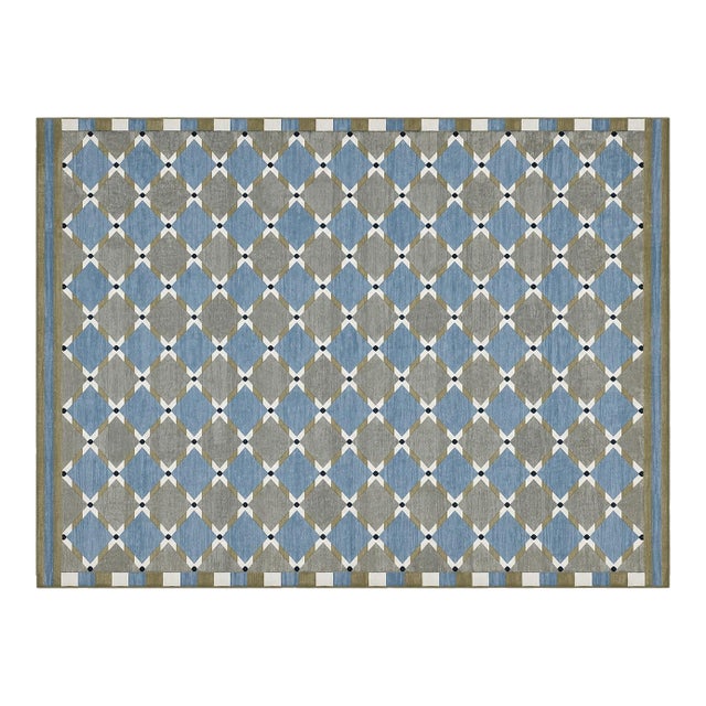 Handwoven Cotton Area Rug, Grey, Sky Blue, Green and Cream Geometric Dhurrie - 12'x15' For Sale