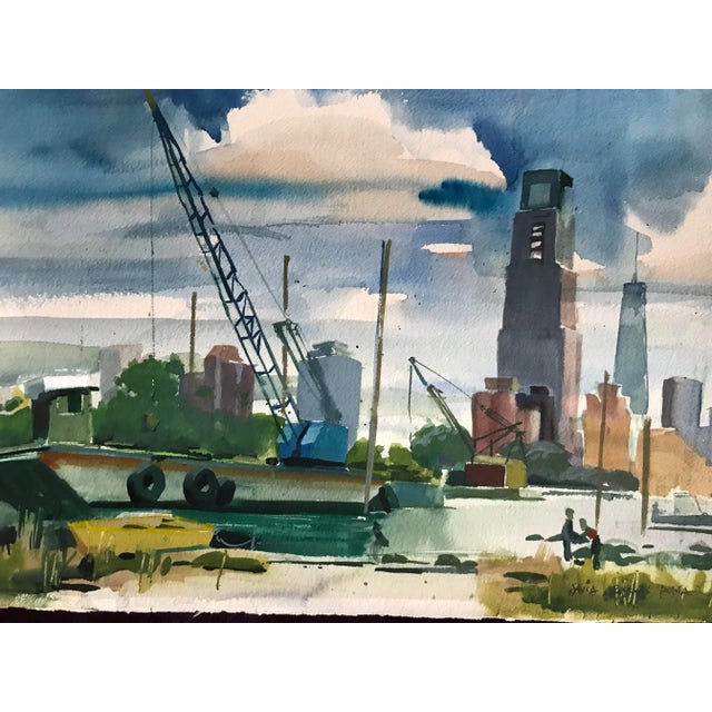 This amazing original watercolor by David Beynon Pena of a barge with a crane in a boatyard with a panoramic cityscape...