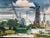 This amazing original watercolor by David Beynon Pena of a barge with a crane in a boatyard with a panoramic cityscape...