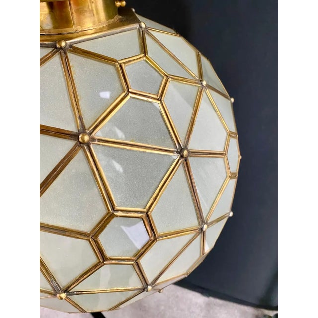 Art Deco Style Globe White Milk Glass & Brass Pendant Chandelier Lantern For Sale - Image 15 of 15