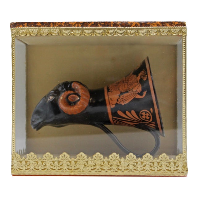 C. 1880's Greco-Roman Ram's Head Shaped Pottery Rhyton in Box For Sale