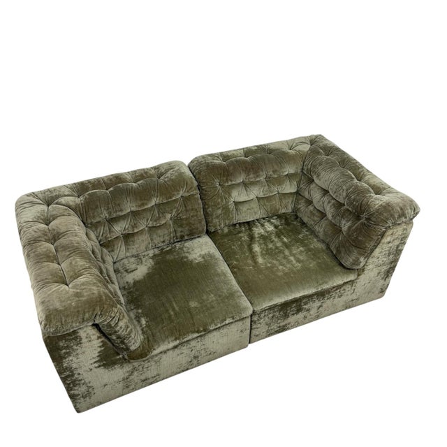 Vintage Olive Velvet Modular Two-Seater Sofa, 1960s For Sale - Image 3 of 17