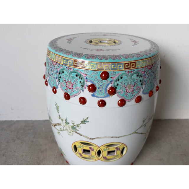 Ceramic Vintage Chinese Famille Rose-Style Hand-Painted Porcelain Garden Stool With Pierced Cash-Coin Motifs For Sale - Image 7 of 12