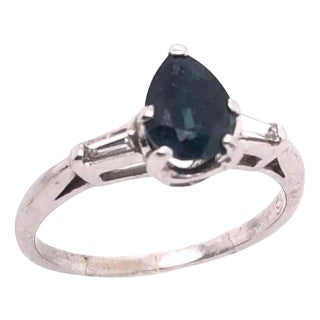 14 Karat White Gold Ring With Center Pear Shape Sapphire and Diamond Accents, Size 7 For Sale