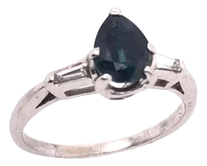 14 Karat White Gold Ring With Center Pear Shape Sapphire and Diamond Accents, Size 7