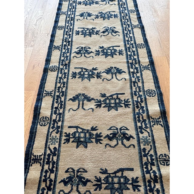 Chinese Antique Peking Chinese Runner, Handmade Oriental Rug, Circa 1870, Ivory and Blue For Sale - Image 3 of 16