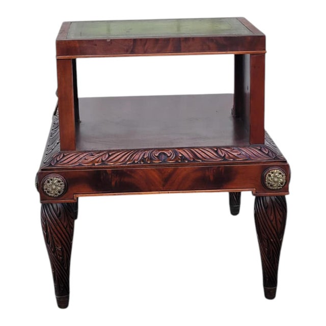 Brown 1920s Mahogany Leather Top Sofa End Table Brass Column Lion Pull Carved For Sale - Image 8 of 16