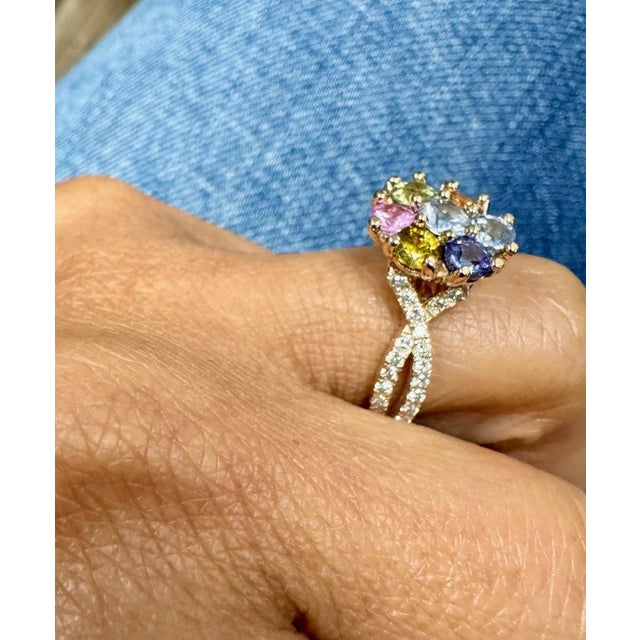 Metal 2.23 Carat Sapphire Diamond Rose God Cocktail Ring Size 6.5 For Sale - Image 7 of 8