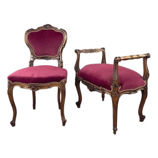 19th Century Louis XV Chair and Ottoman Set, 1890s, Set of 2 For Sale