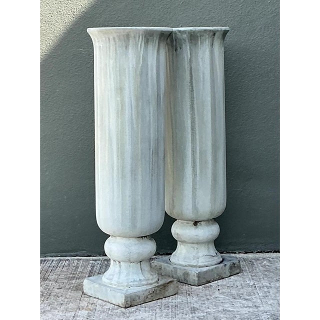 Plastic Vintage Tall Fluted Plaster Covered Resin Urns - A Pair For Sale - Image 7 of 12