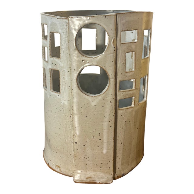 1960s Mid-Century Modern Geometric Ceramic Planter, Architectural Cutouts For Sale